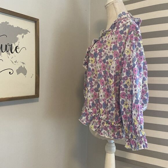 Modcloth Purple Floral Drama in Doll Valley Ruffled Cropped Blouse Size 2X - Picture 5 of 9